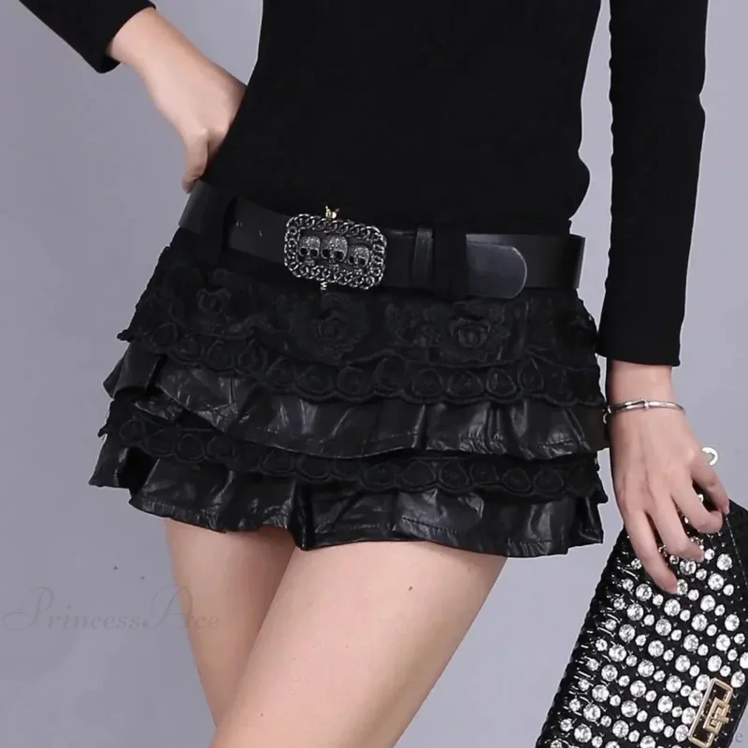 PU Leather Lace Patchwork Mini Skirt - Image 4