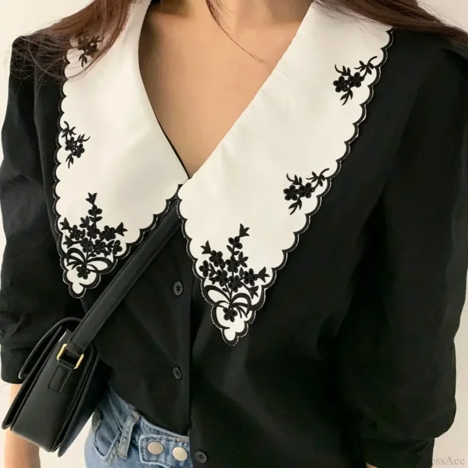 Puff Long Sleeve Floral Embroidery Blouse - Image 2