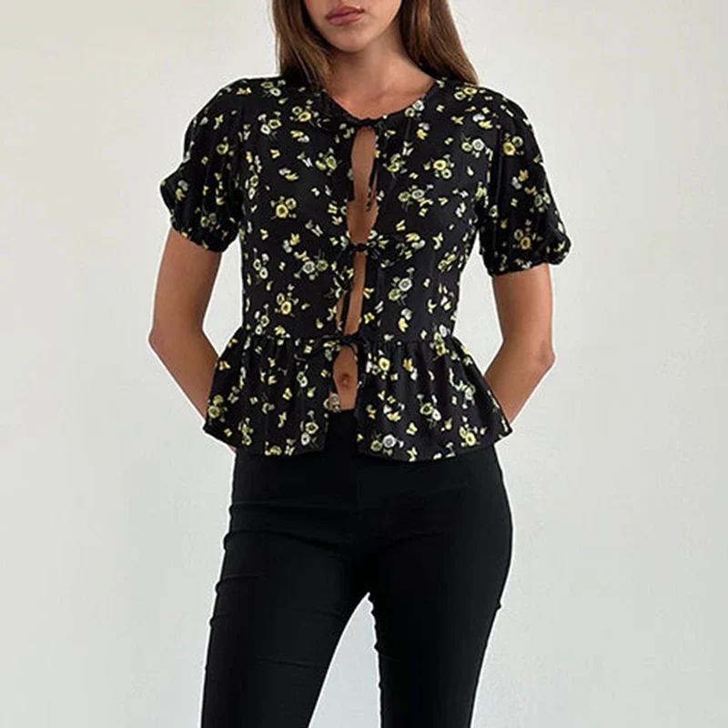 Puff Sleeve Bowknot Crop Top - Image 4