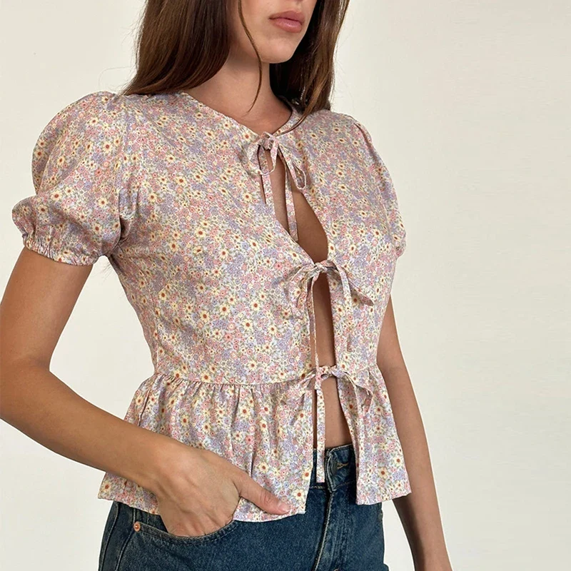 Puff Sleeve Bowknot Crop Top - Image 5