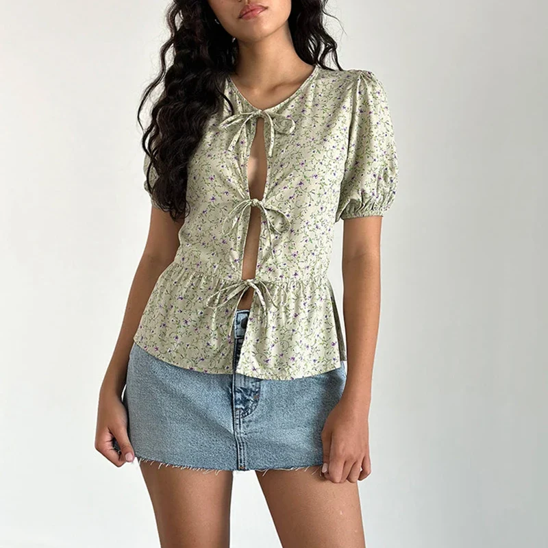 Puff Sleeve Bowknot Crop Top - Image 6