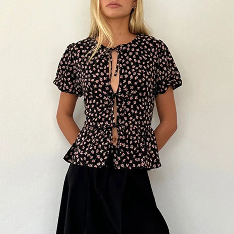 Puff Sleeve Bowknot Crop Top - Image 7