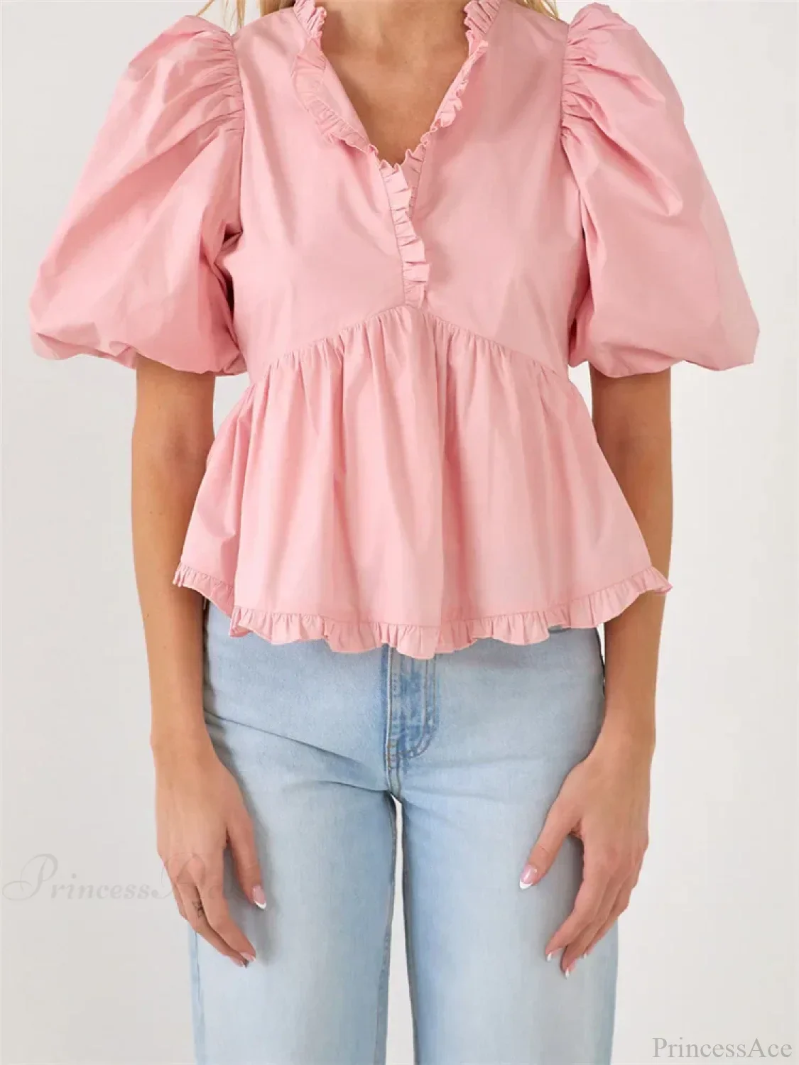 Puff Sleeve Ruffle Trim V-neck Blouse - Image 3