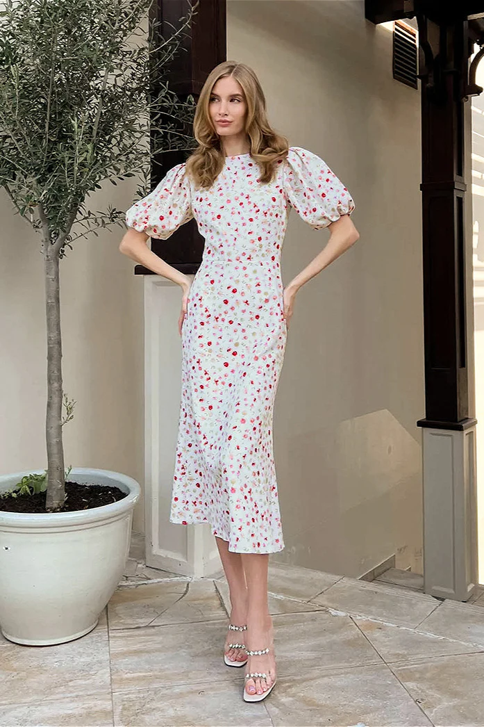 Puff Sleeve Slim Waist Long Floral Dress - Image 2