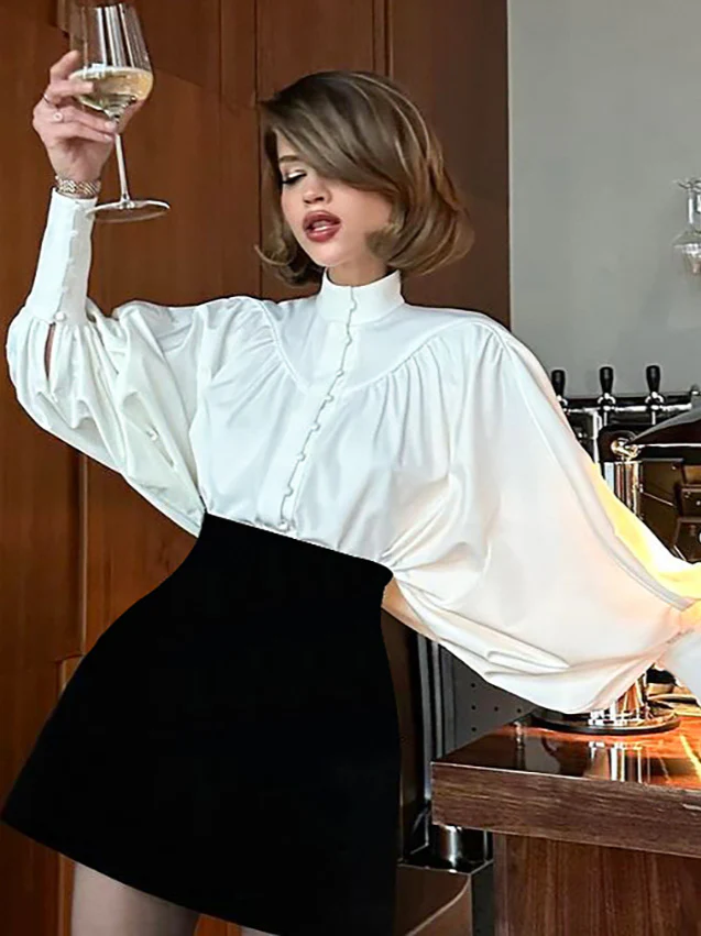 Puff Sleeve Stand Collar White Blouse - Image 2