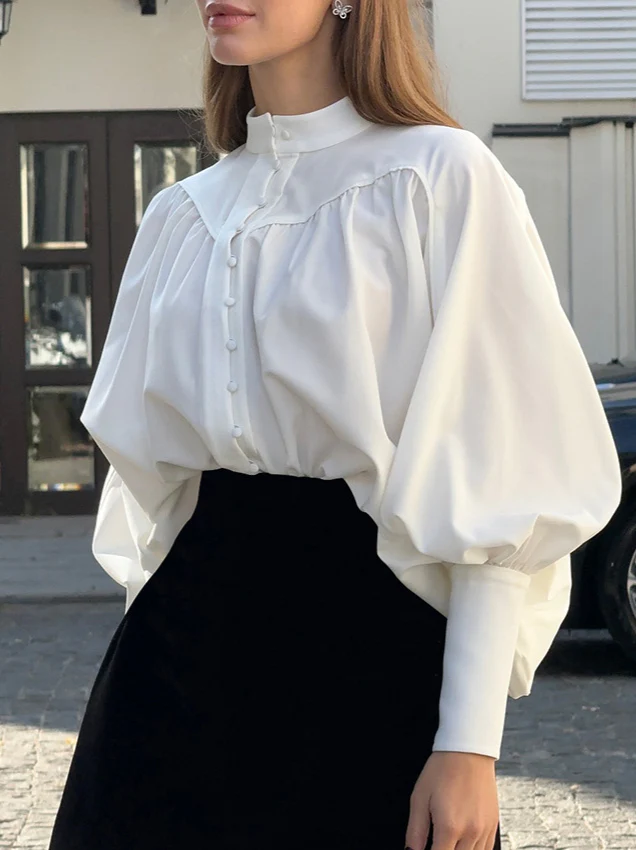 Puff Sleeve Stand Collar White Blouse - Image 3