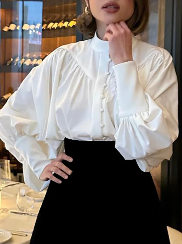 Puff Sleeve Stand Collar White Blouse - Image 4
