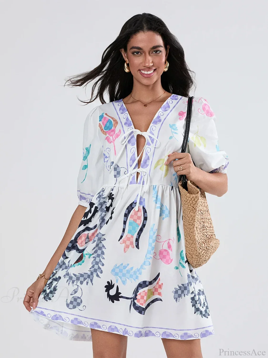 Puff Sleeve Tie-up A-Line Mini Floral Dress - Image 3