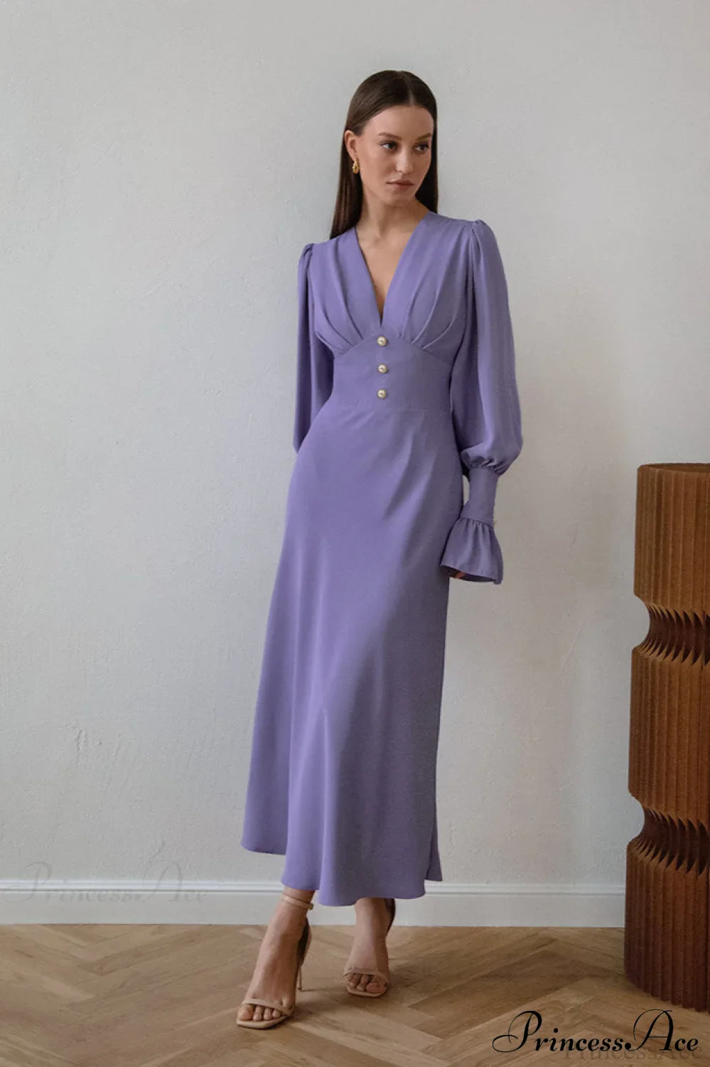 Puff Sleeve V Neck Vintage Slim Maxi Dress - Image 7
