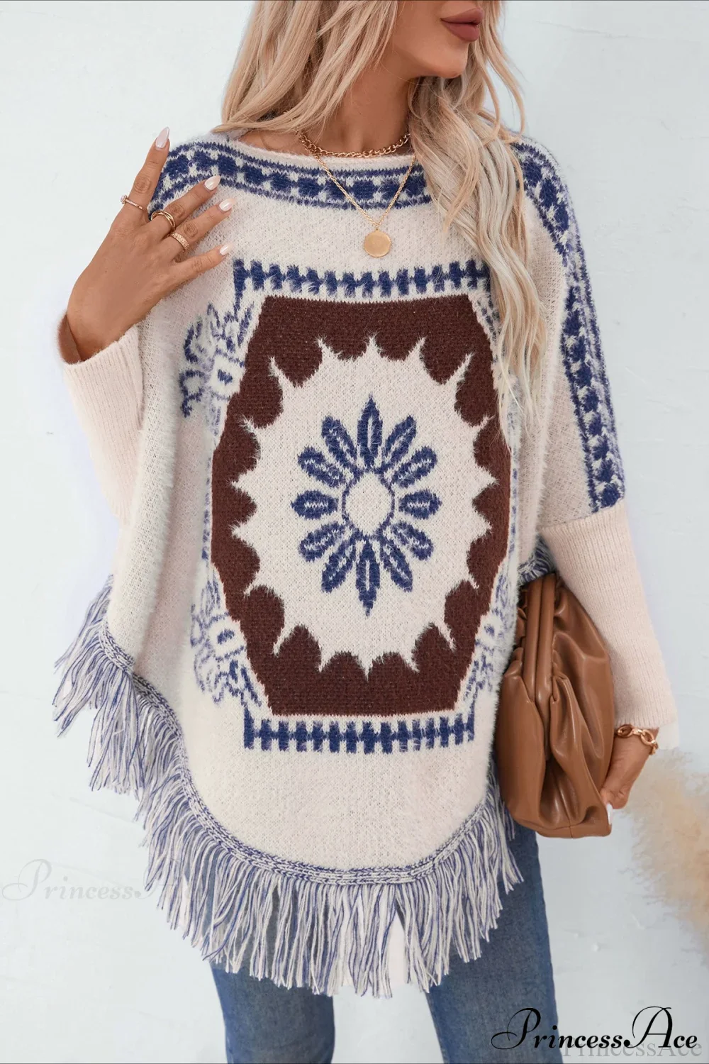 Pullover Knit Ethnic Long Sleeve Blouse
