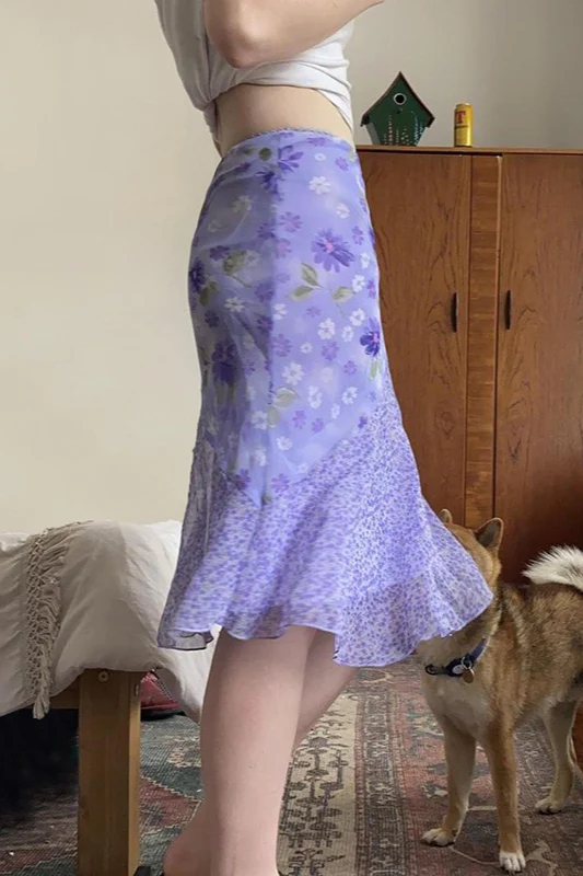 Purple Floral High-Waist Asymmetrical Skirt - Image 3