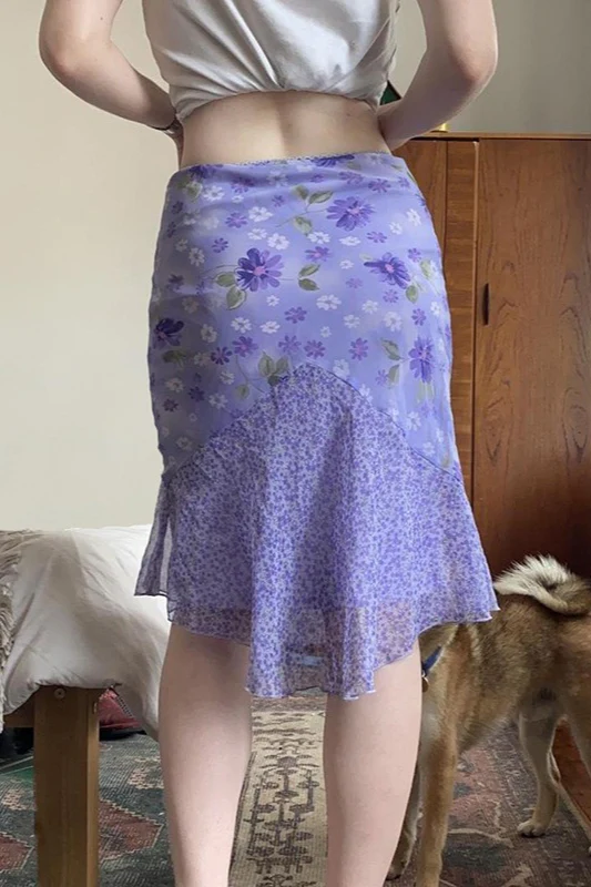 Purple Floral High-Waist Asymmetrical Skirt - Image 4