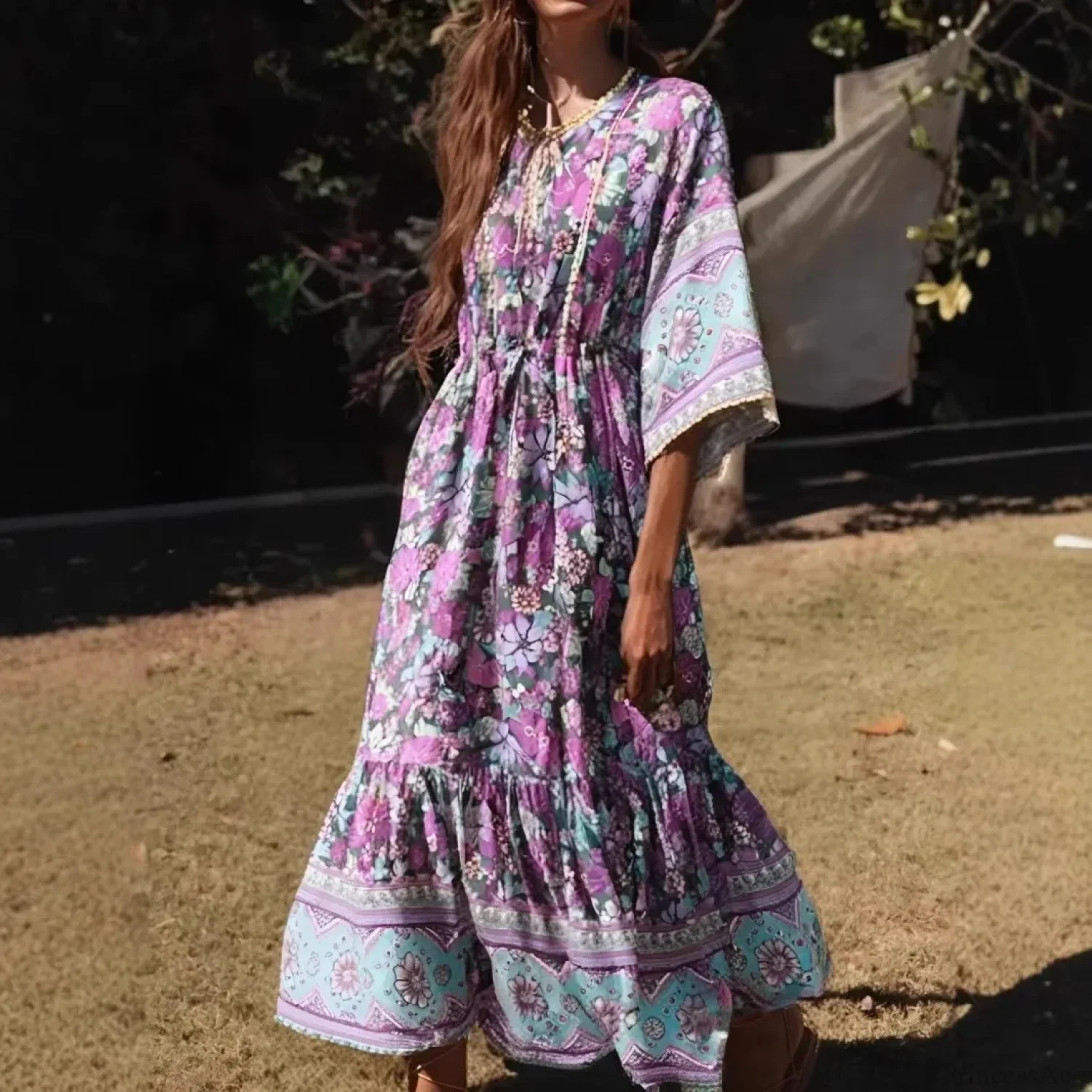 Purple Floral Print Batwing Sleeve Maxi Boho Dress