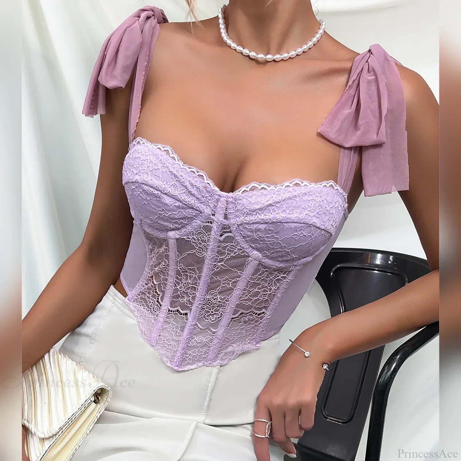 Purple Lace Bow Shoulder Strap Fishbone Crop Top - Image 6