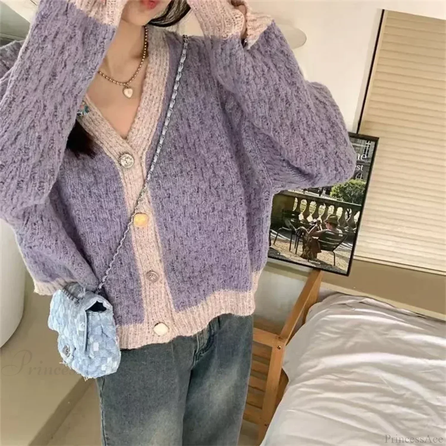 Purple Patchwork Loose Soft V-Neck Knitted Cardigan - Image 5