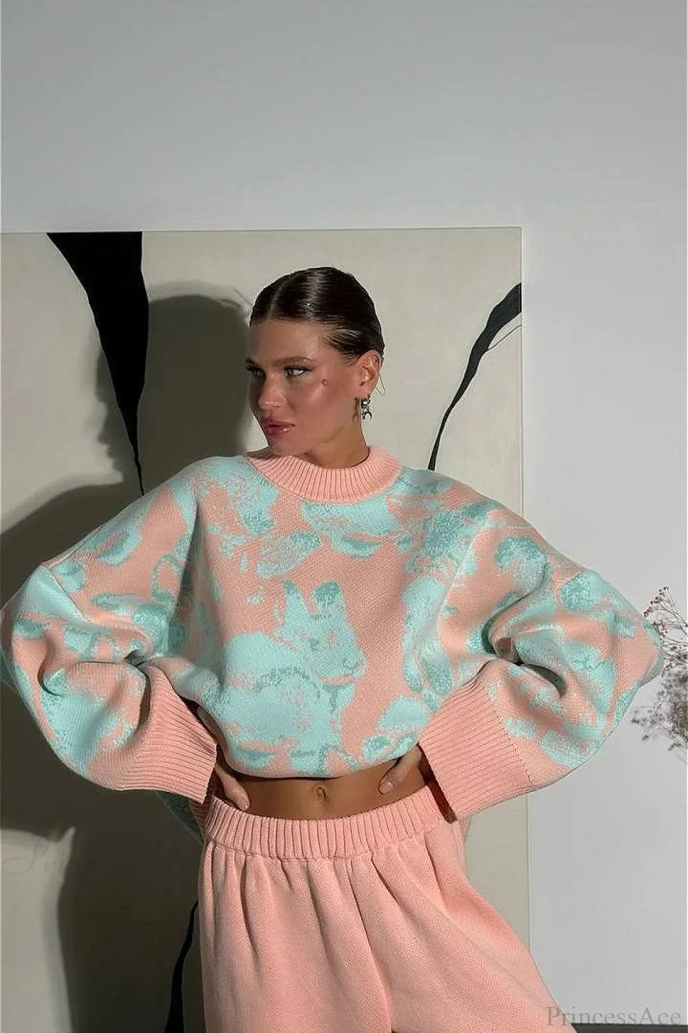 Rabbit Pattern Loose Lazy Colorblock Sweater - Image 6