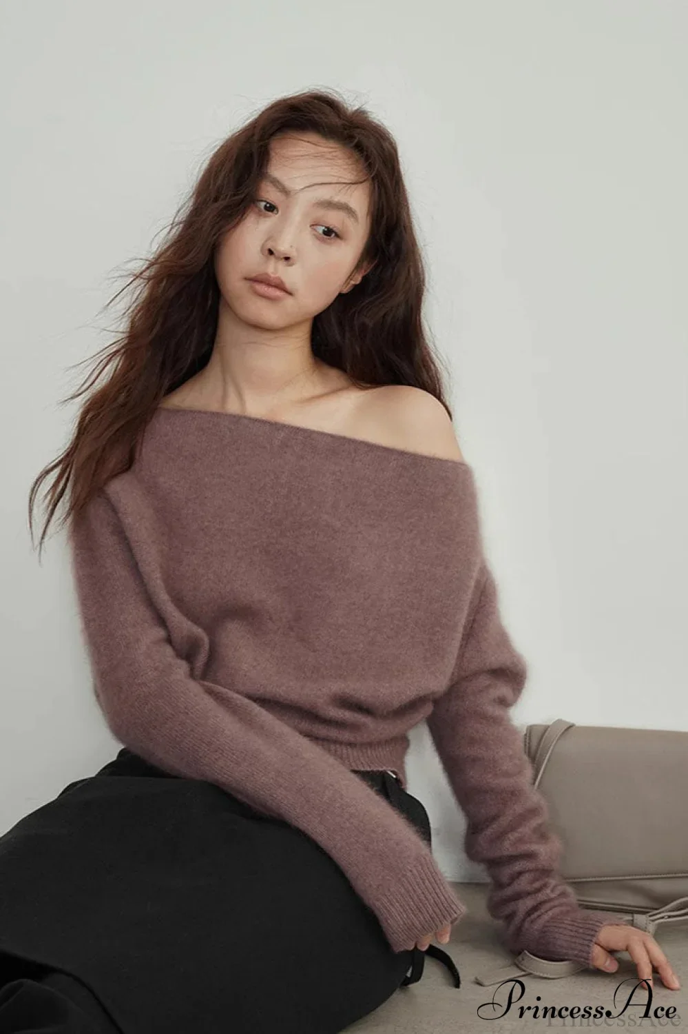 Raccoon Fur Off-Shoulder Cropped Slouchy Knit Top
