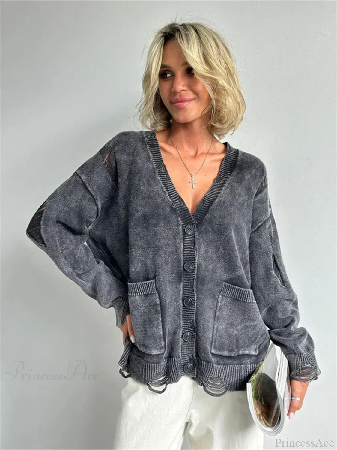 Ragged Button Up Oversized Cardigan - Image 3