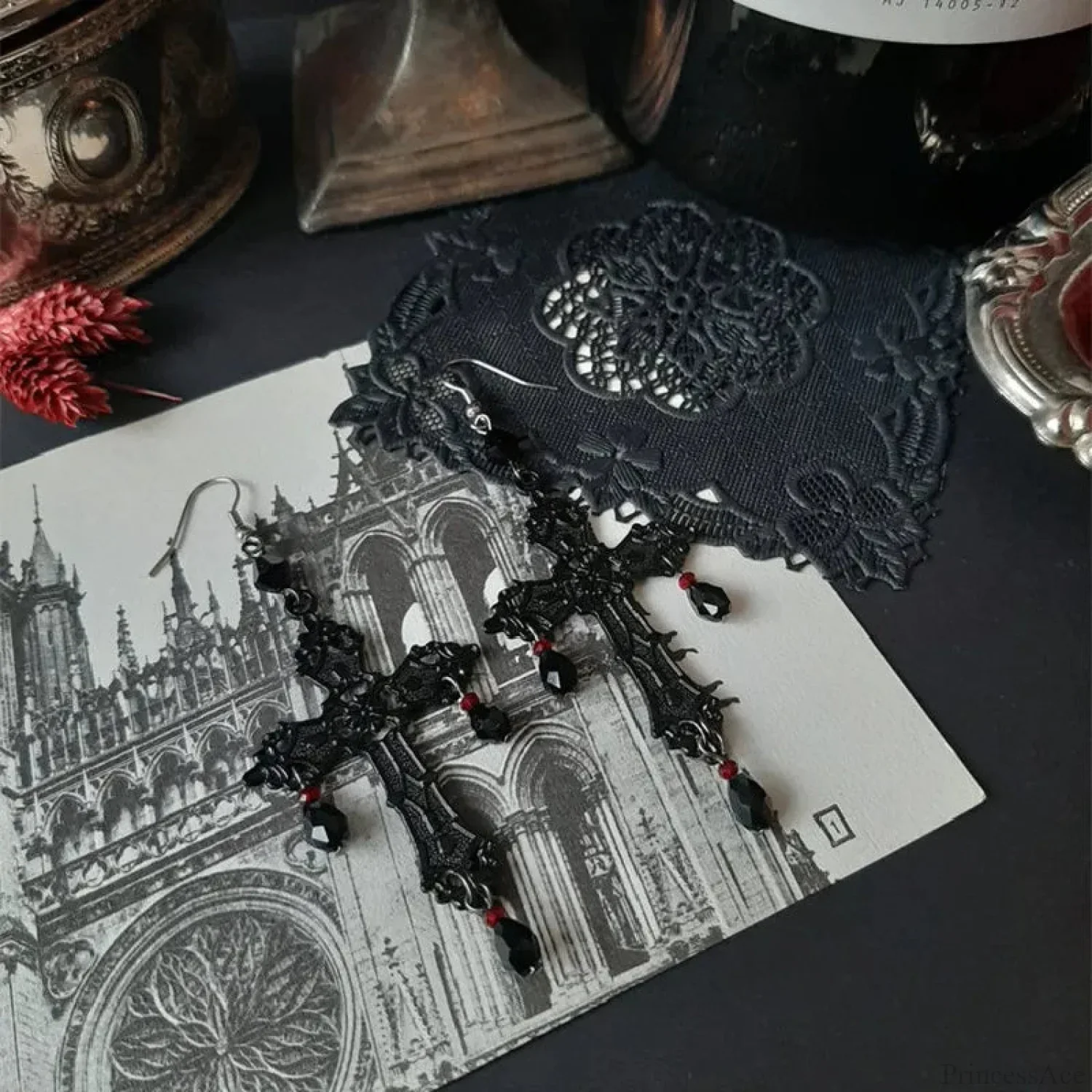 Rebel Celestial Cross Silver Empty Heart Earring - Image 2