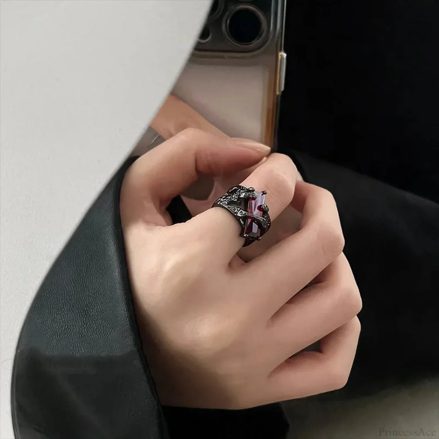Rebel Spikes Creeper Crimson Gem Gothic Ring - Image 2