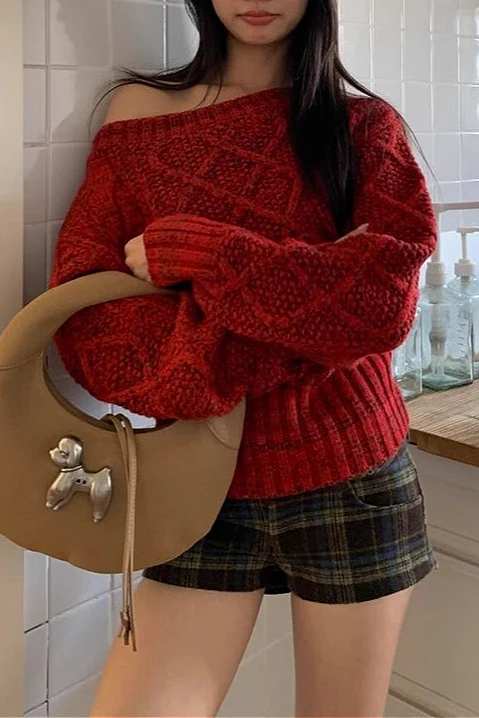 Red Asymmetric Off-Shoulder Thick Cable Waist-Cinched Sweater - Image 3
