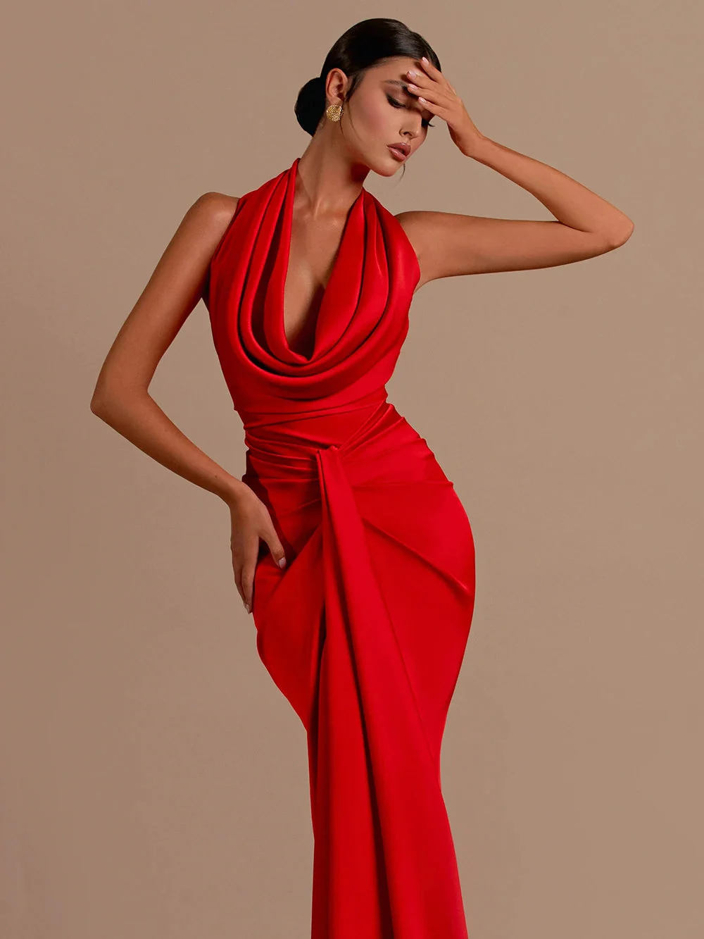 Red Backless Halter V-Neck Maxi Bodycon Party Dress - Image 2