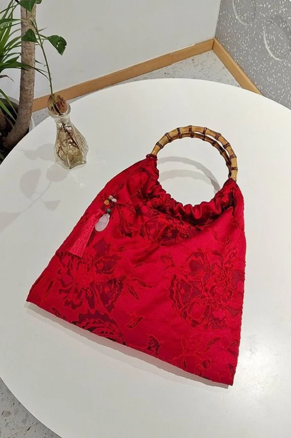 Red Bamboo Handle Handmade Butterfly Retro Top Handle Bag - Image 2