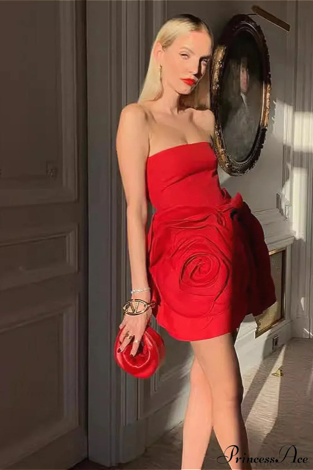 Red Bandage Large Floral Bustier Tight Party Dress - Image 4