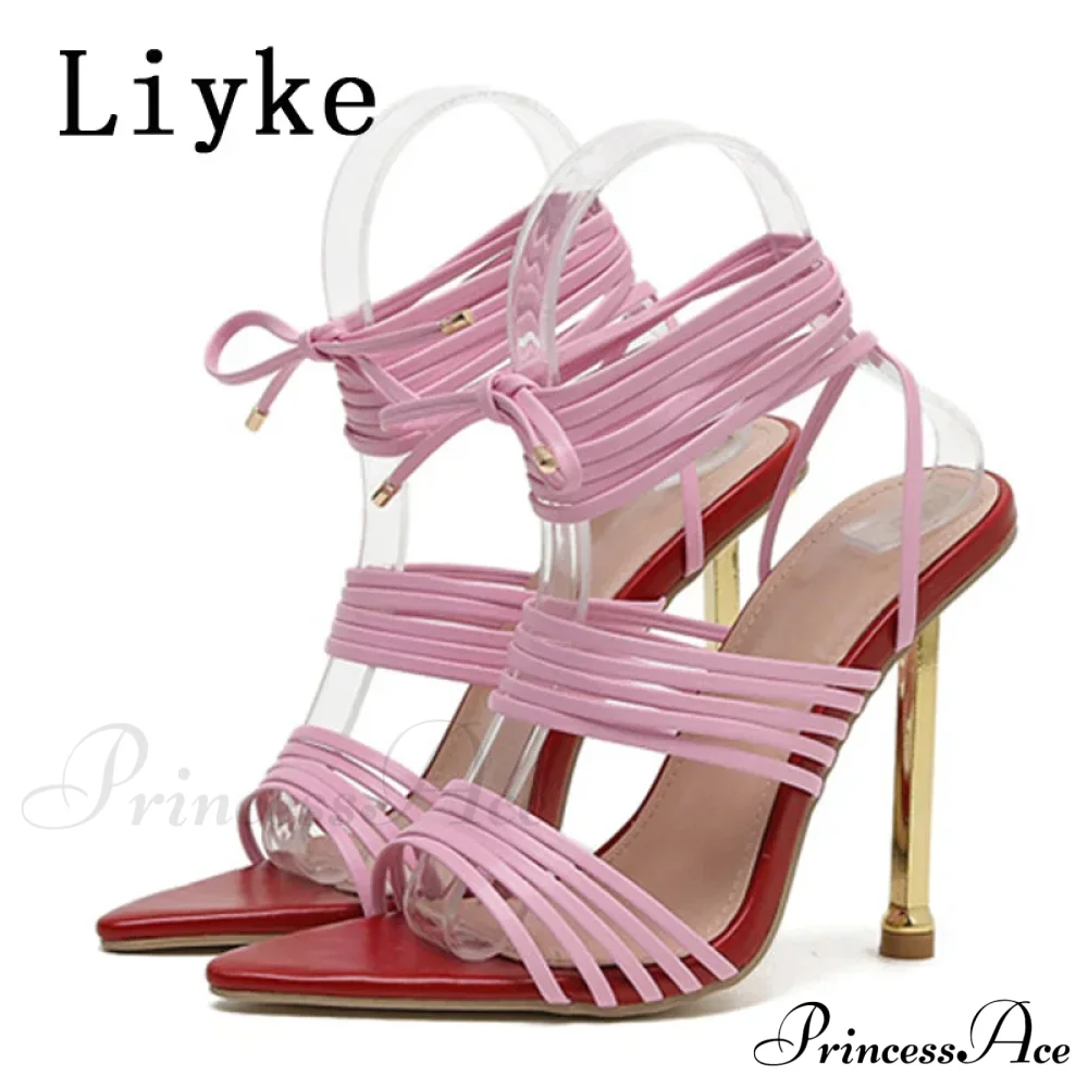 Red Blue Thin High Heels Sandals Size 35-42 Pointed Toe Snake Print Lace Up Shoes Female Pumps Summer Fashion - Image 8