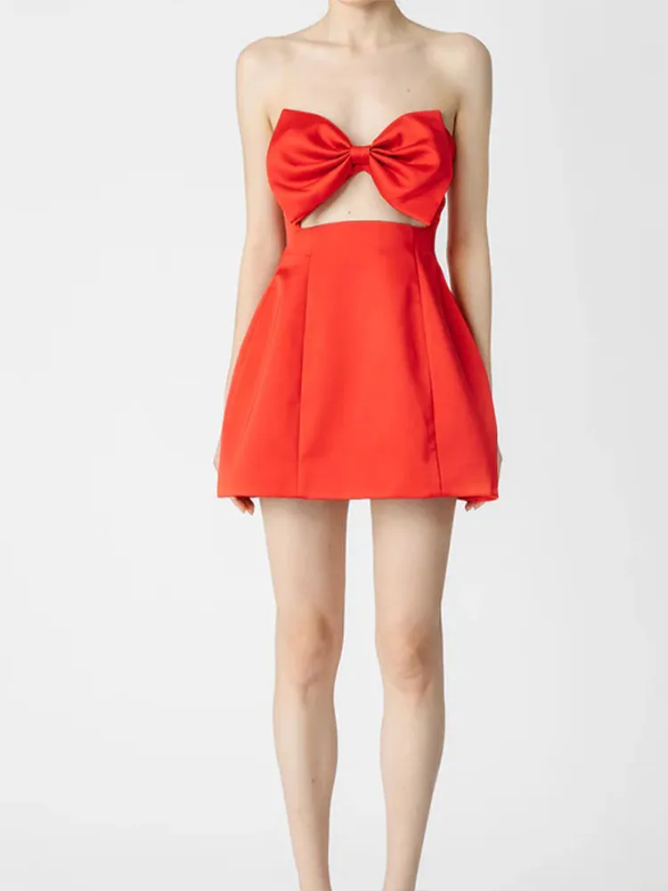 Red Bow Hollow Satin Strapless Party Dress - Image 3