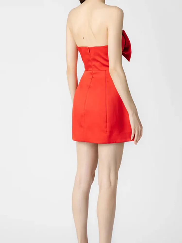 Red Bow Hollow Satin Strapless Party Dress - Image 4