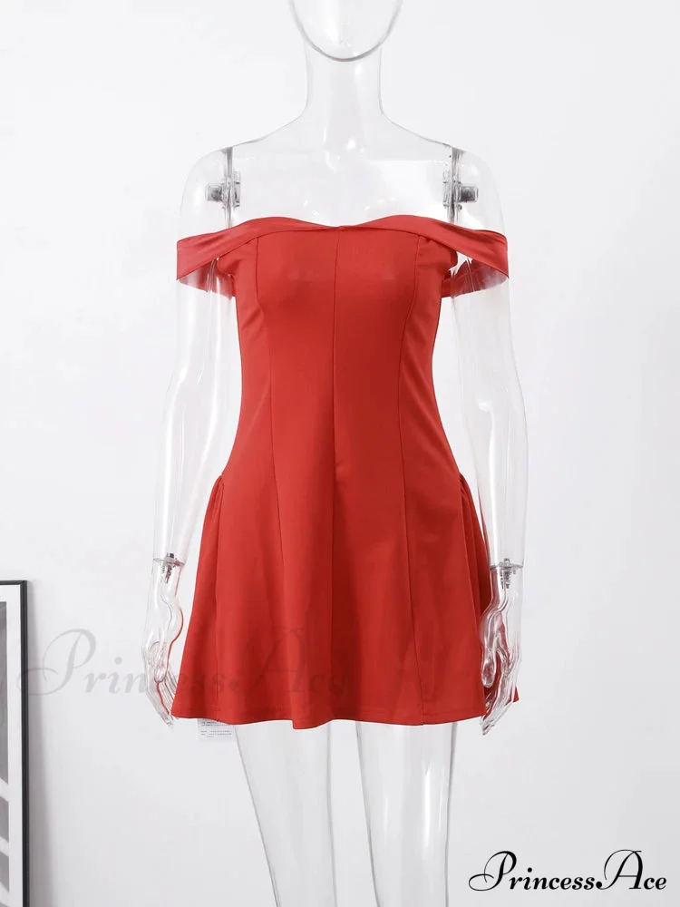 Red Party Dress - Off Shoulder Backless Pleated Zipper