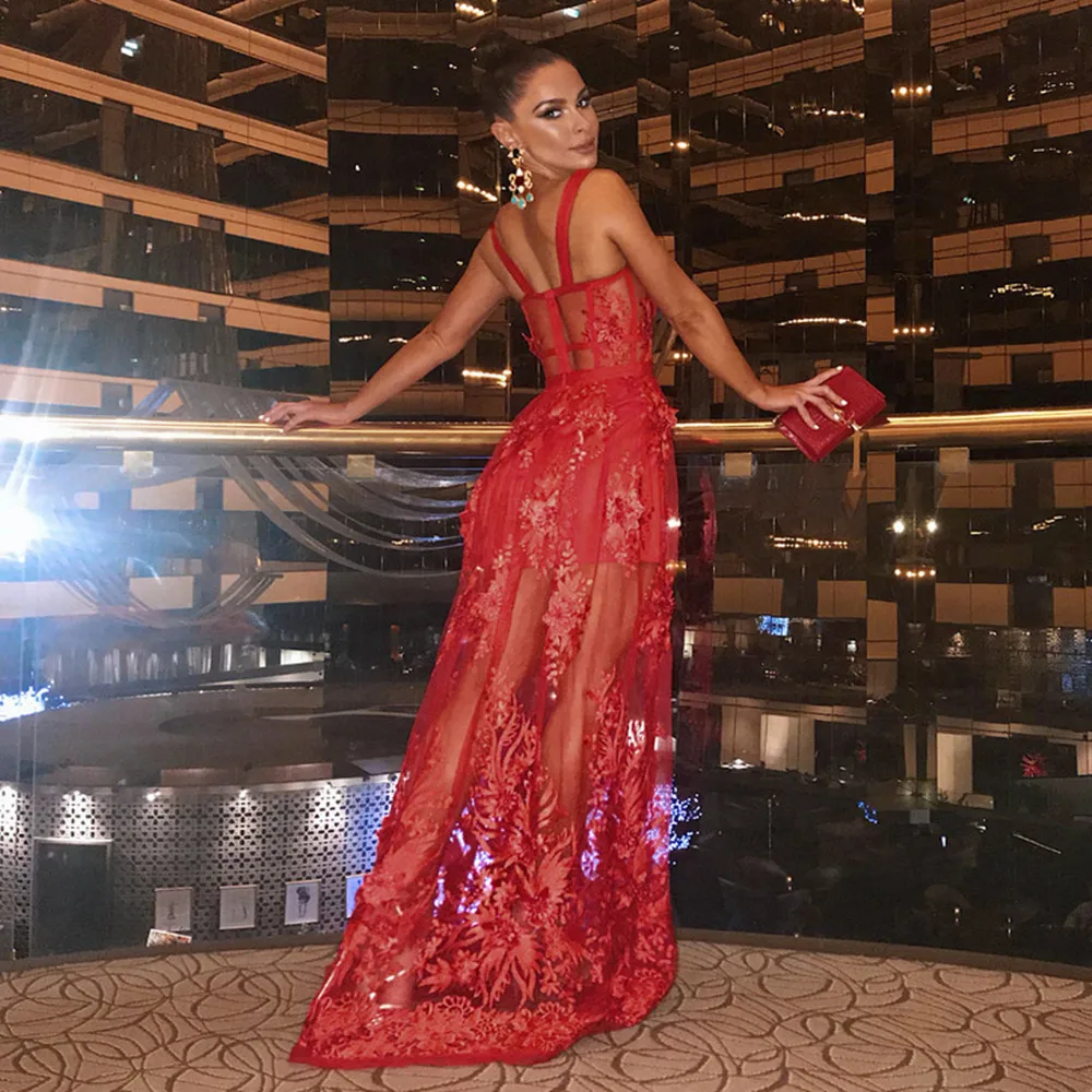 Red Color Celebrity Fashion Sleeveless Sexy Backless Lace Long Dress Party Dress - Image 2