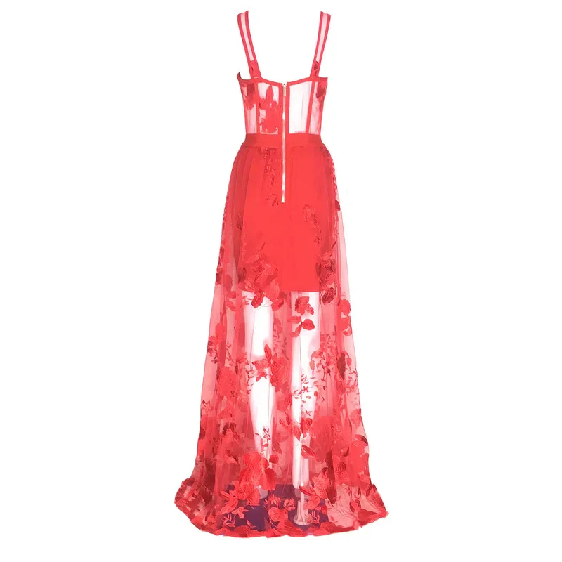 Red Color Celebrity Fashion Sleeveless Sexy Backless Lace Long Dress Party Dress - Image 4