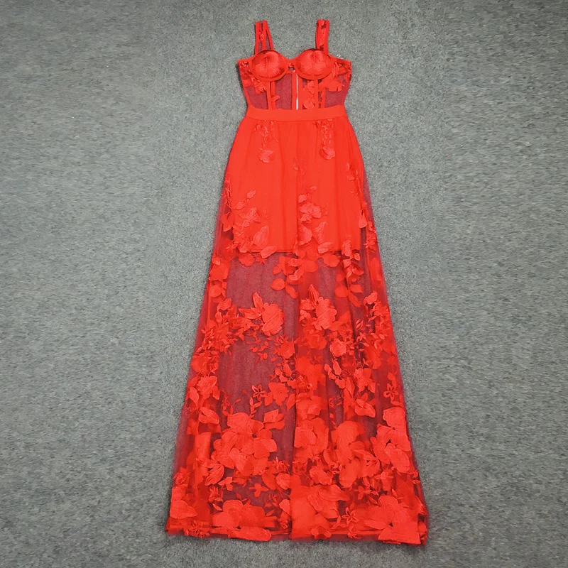 Red Color Celebrity Fashion Sleeveless Sexy Backless Lace Long Dress Party Dress - Image 6
