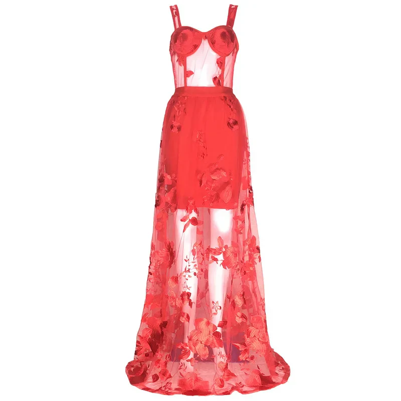 Red Color Celebrity Fashion Sleeveless Sexy Backless Lace Long Dress Party Dress - Image 7