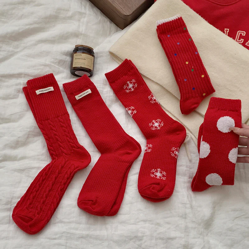 Red Polka Dot Snowflake Fluffy Slouch Socks