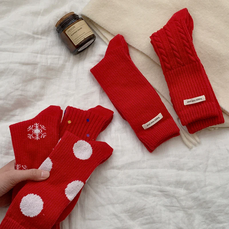 Red Polka Dot Snowflake Fluffy Slouch Socks - Image 2