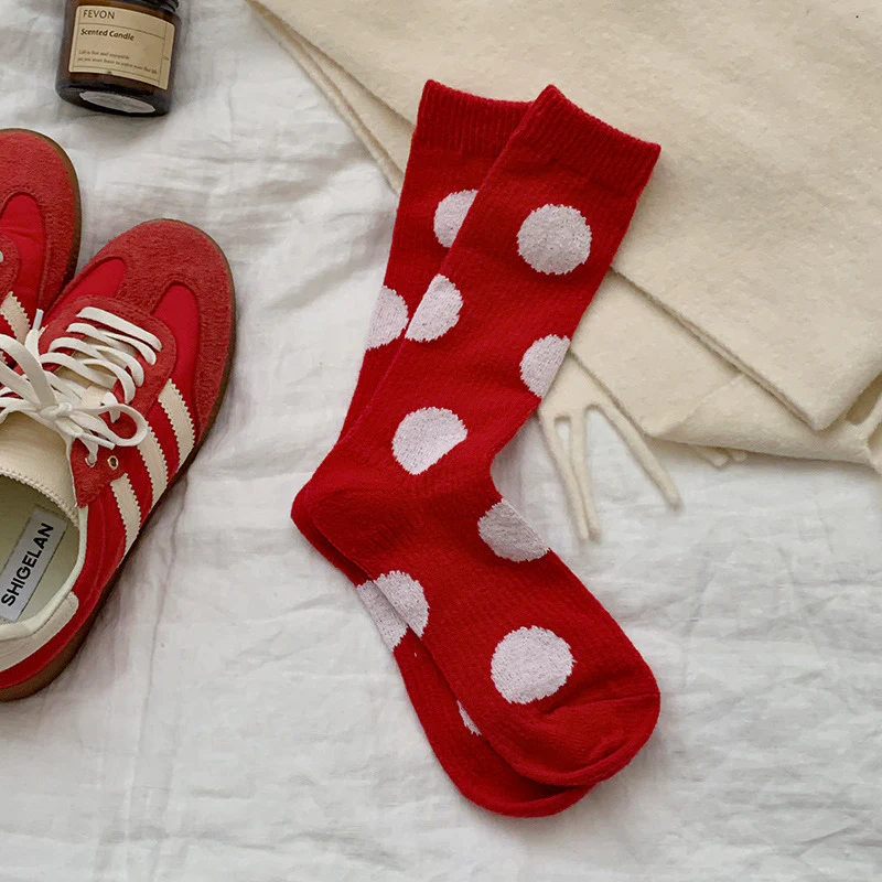 Red Polka Dot Snowflake Fluffy Slouch Socks - Image 4