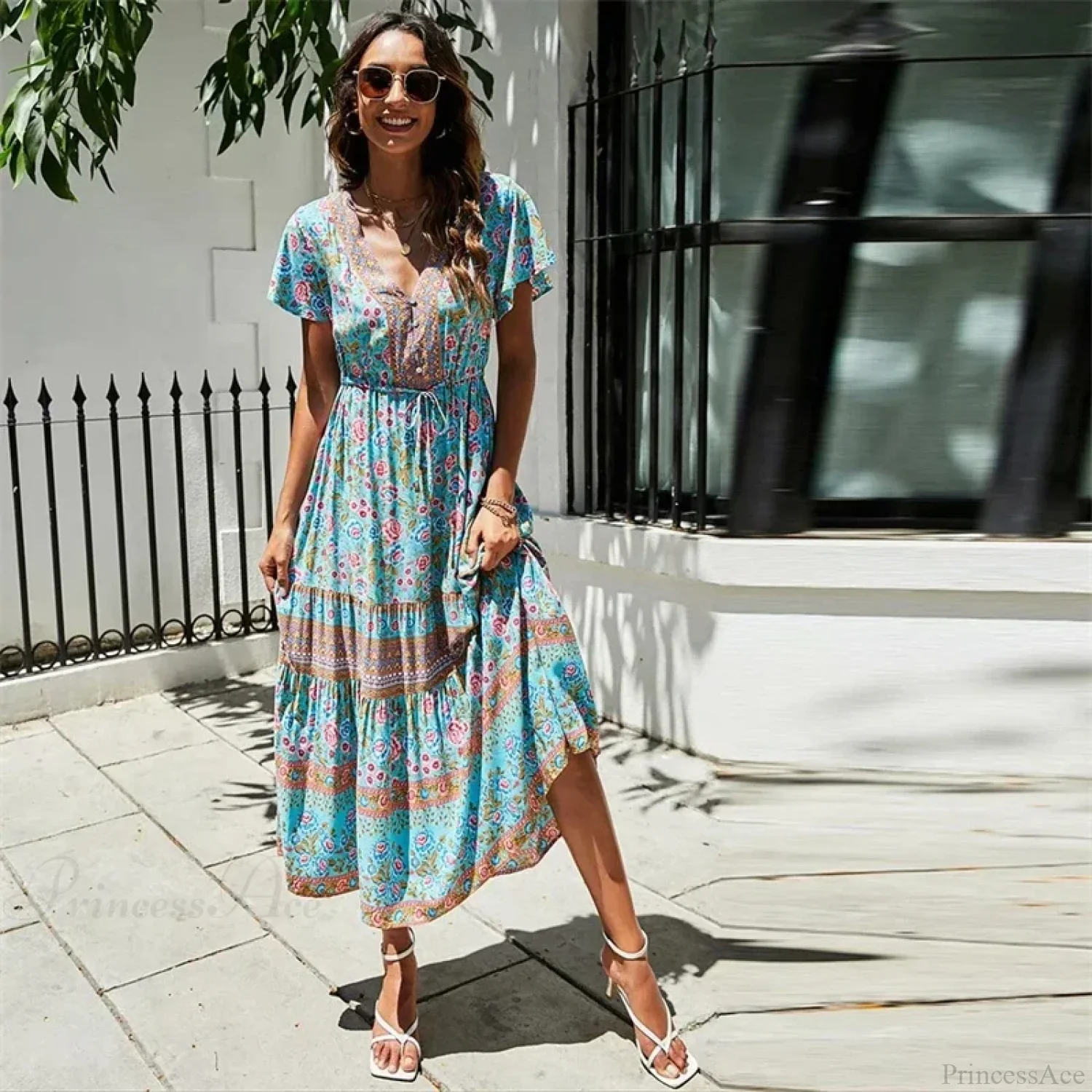 Red Floral Print Bat Sleeve Tassel V-neck Summer Boho Dress - Image 2
