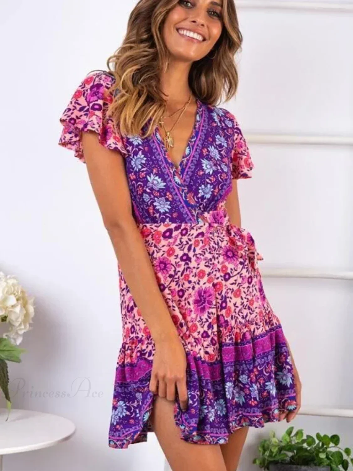 Red Floral Print Short Sleeve Rayon Summer Wrap Mini Boho Dress - Image 2