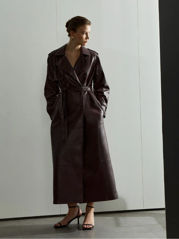 Red Lapel Leather Belted Coat - Image 2