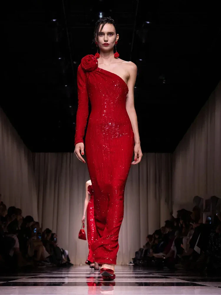 Red One-Shoulder Sequin Party Dress - Image 3