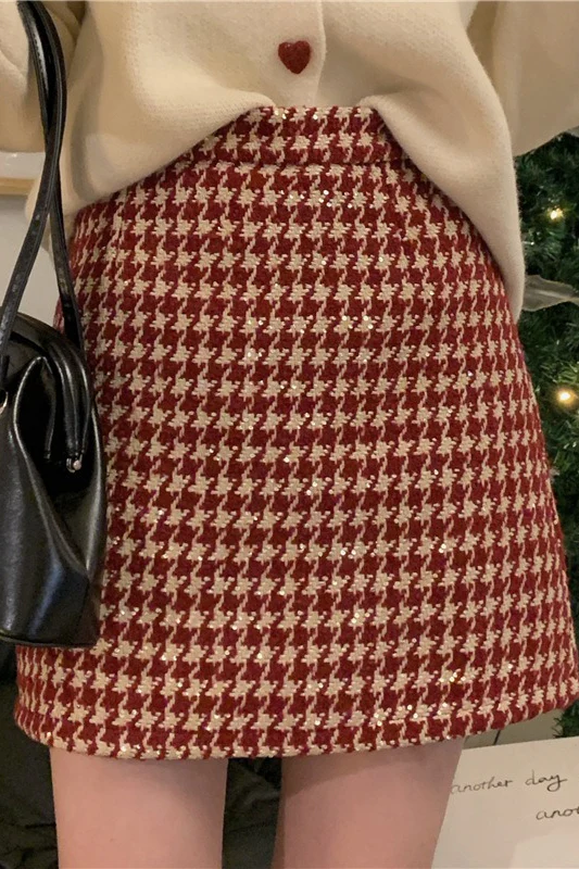 Red Plaid High Waist Skirt