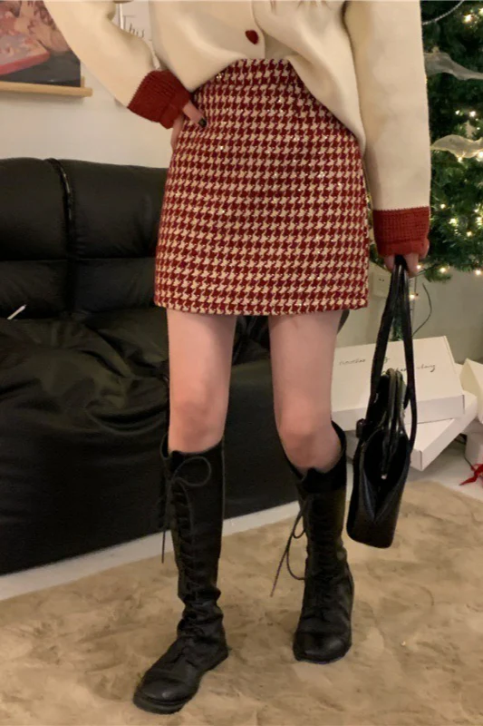 Red Plaid High Waist Skirt - Image 2