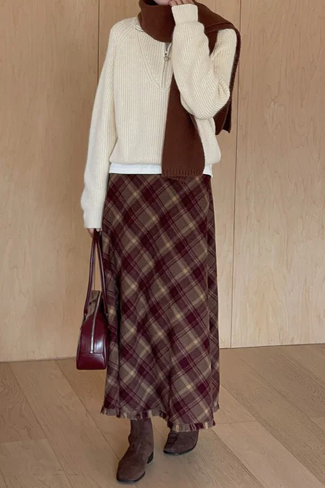 Red Plaid Wool Bodycon Skirt - Image 9