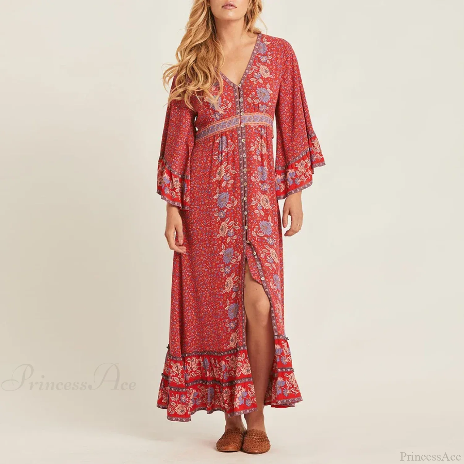 Red Rayon Floral Print V-neck Adjustable Belt Boho Dress - Image 4
