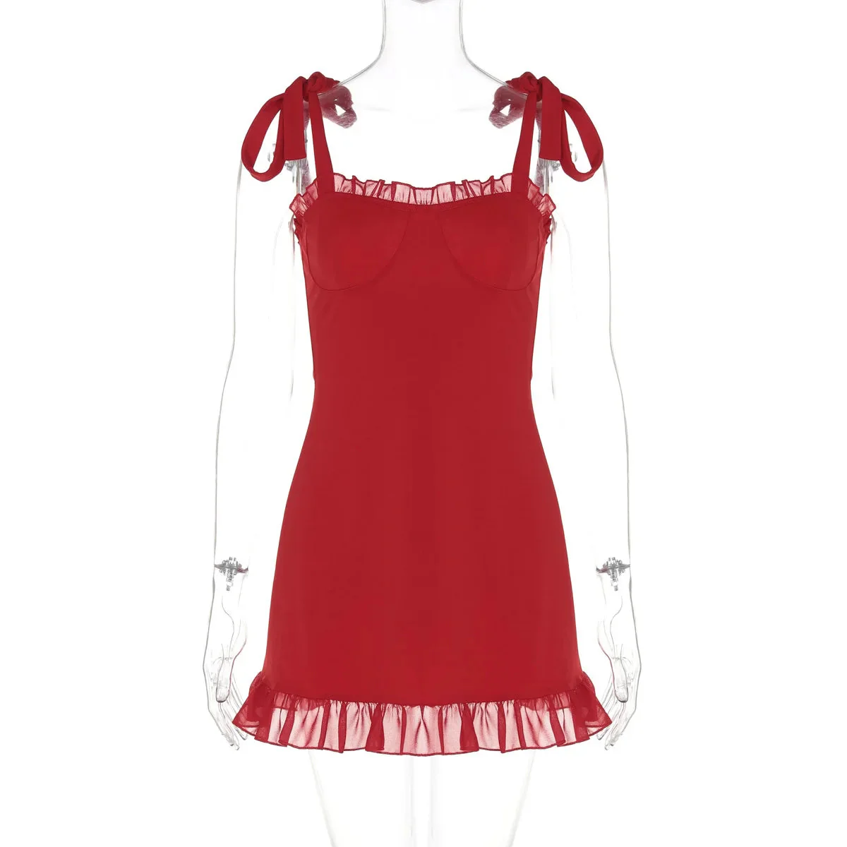 Red Ruffle Mini Bodycon Pleated Party Dress - Image 6