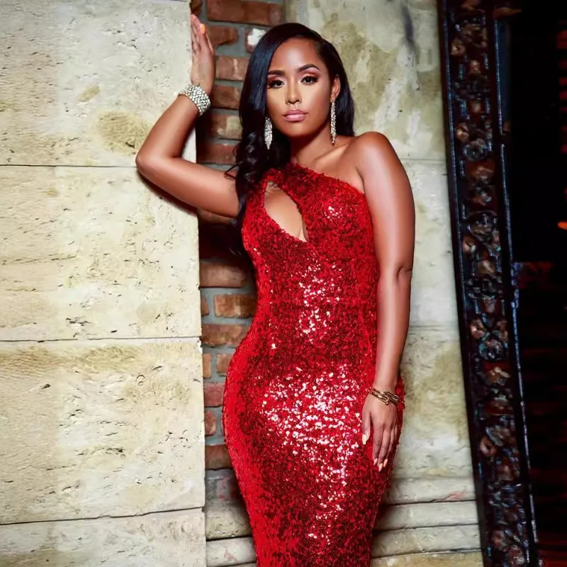 Red Sequins Bodycon Maxi Evening Party Dresses Sexy Hollow One Party Dress - Image 2