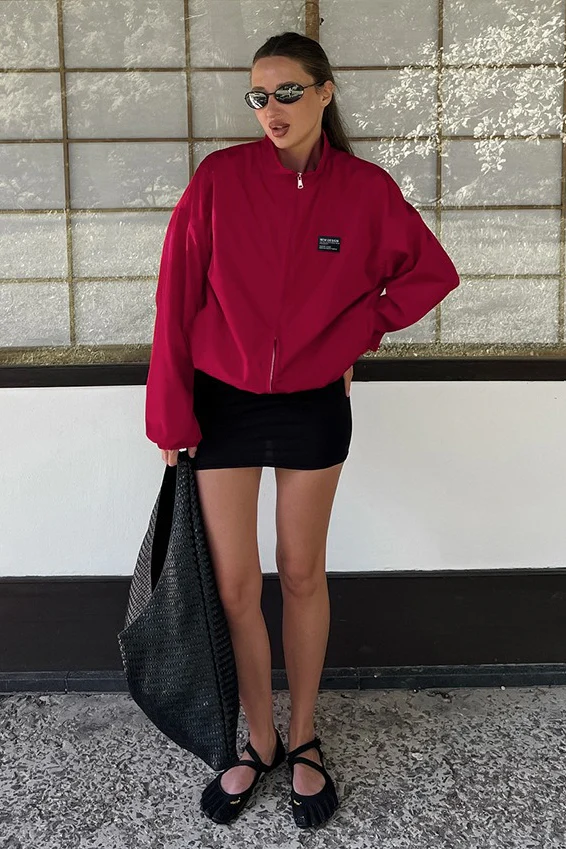 Red Stand Collar Loose Casual Street Fashion Trench Jacket